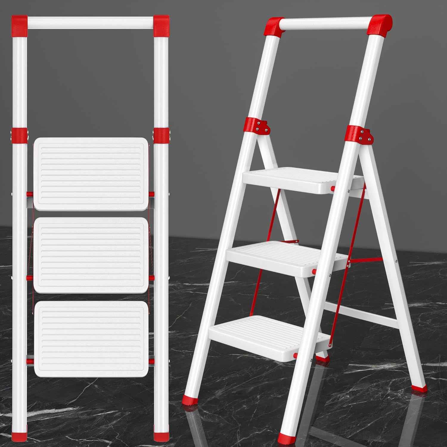 DIAMONDFORGE 4-Step Folding Ladder - Sturdy Steel Construction, Anti-Slip Pedals & Feet, Handgrip - Home Use, White & Red
