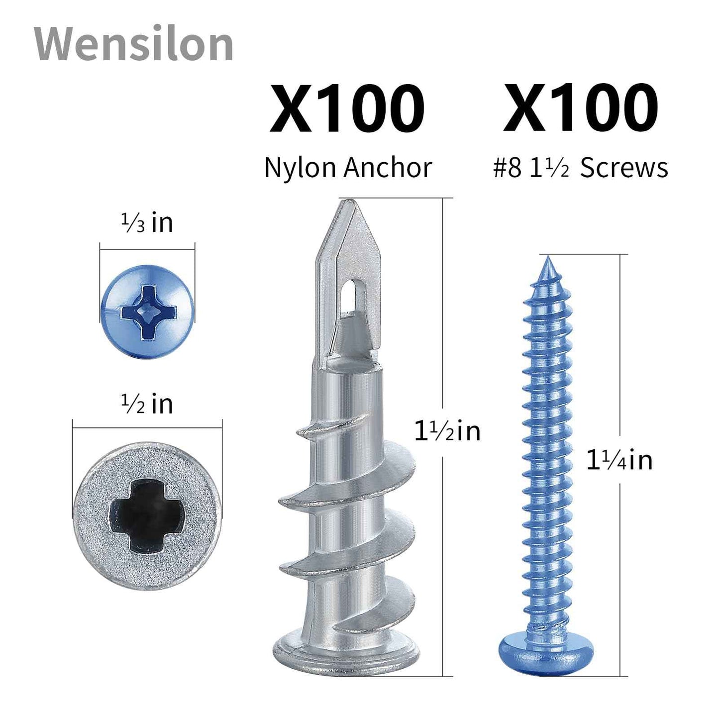 Wensilon 200pcs #8 Self Drilling Zinc Alloy Anchors, Metal Wall Anchors with Screws Wall Anchors,100PCS Wall Anchor and 100PCS Screws for Drywall, 75LB Hanging and Mounting