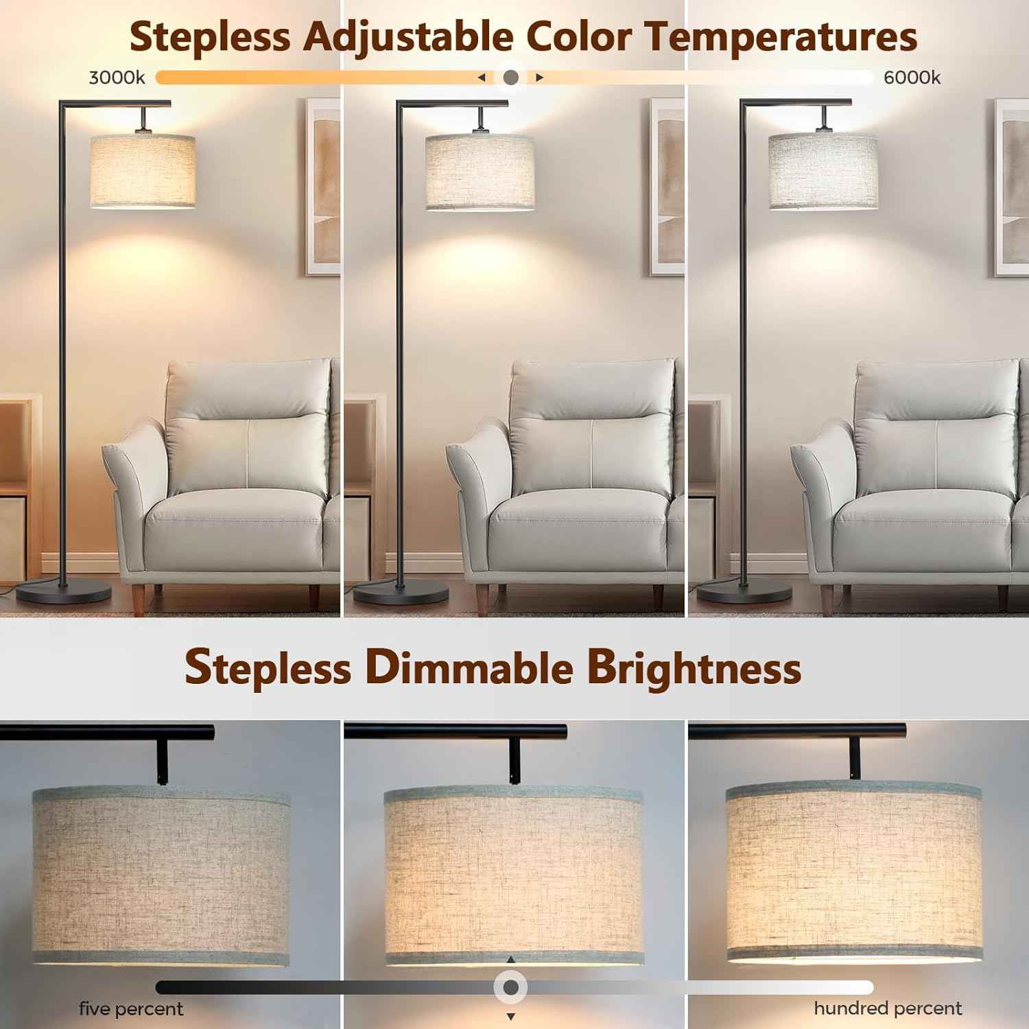Adjustable Black Floor Lamp for Living Room - 3 Color Temperatures & Beige Linen Shade