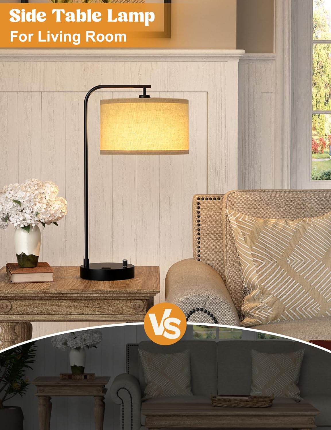 Dimmable Tall Table Lamp with USB Port & Outlet - Linen Shade Bedside Desk Lamp for Bedroom, Living Room, Home Office