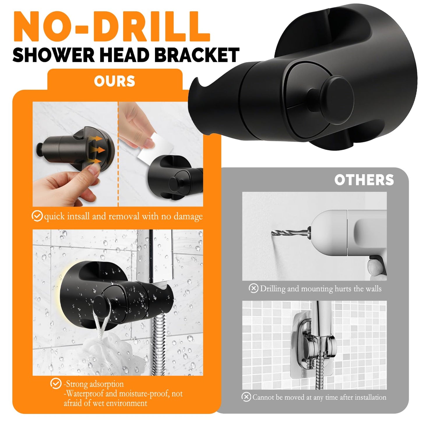 Shower Head Holder, Removable Suction Cup Shower Head Holder Wall Mount Adjustable Handheld Shower Head Bracket, Shower Heads Holder with Convenient Hook, Shower Wand & Hose Holder for Wall (Black)