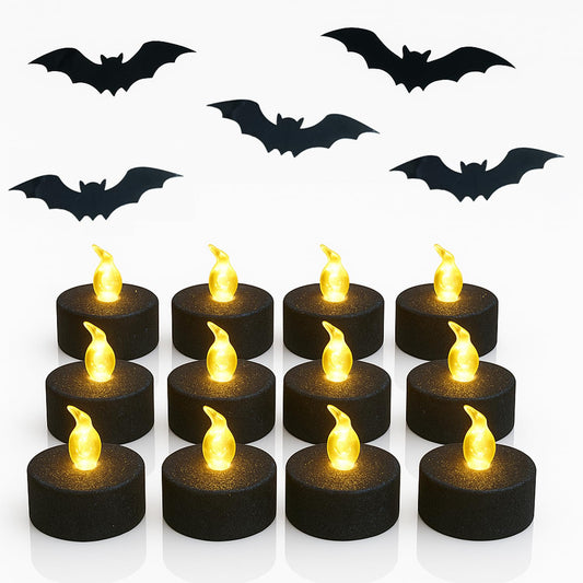 Aulaygo 12PCS Glitter Black Tea Lights with Timer,Sparkly Tealights Candles Battery Operated for Gothic Wedding Home Decoration Halloween Party