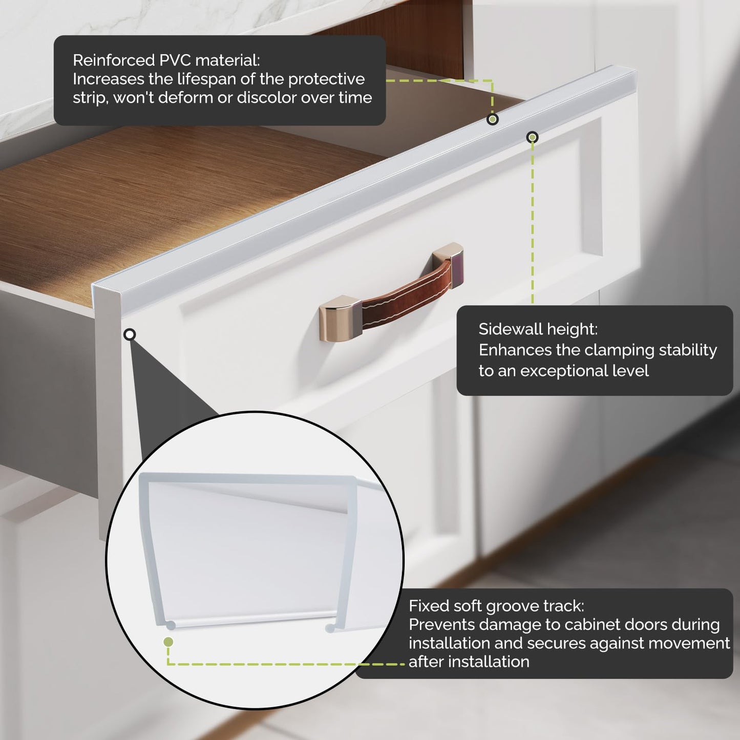 Snugly Fit 18" Length Cabinet Door Protector, Flexible Slip-On Plastic Edge Guard, Thin Transparent Edge Protectors to Prevent Wear, Chipping, Discoloration, Cabinet Bumpers, 3/4" Thick,6 PCS