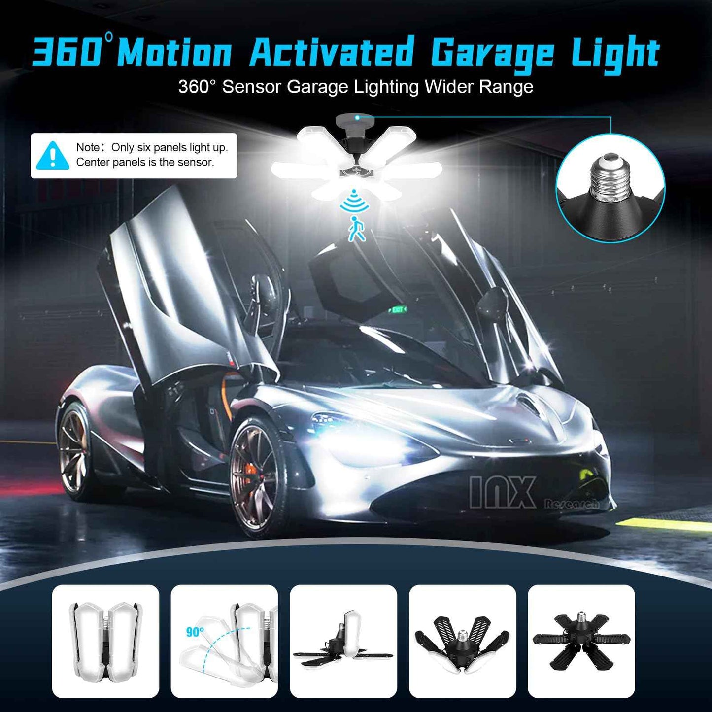 Motion Sensor Garage Light, Bright 18000LM Basement Shop Ceiling Lighting with Motion, 180W LED Motion Activated Garage Lighting w/ 6 Adjustable Panels Screw in E26 E27 Bulb for Basement Shop(1Pack)