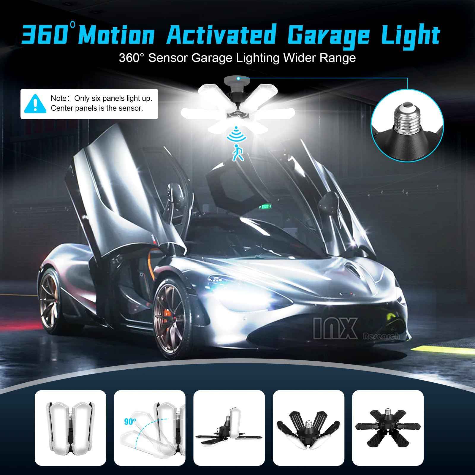 Motion Sensor Garage Light, Bright 18000LM Basement Shop Ceiling Lighting with Motion, 180W LED Motion Activated Garage Lighting w/ 6 Adjustable Panels Screw in E26 E27 Bulb for Basement Shop(1Pack)