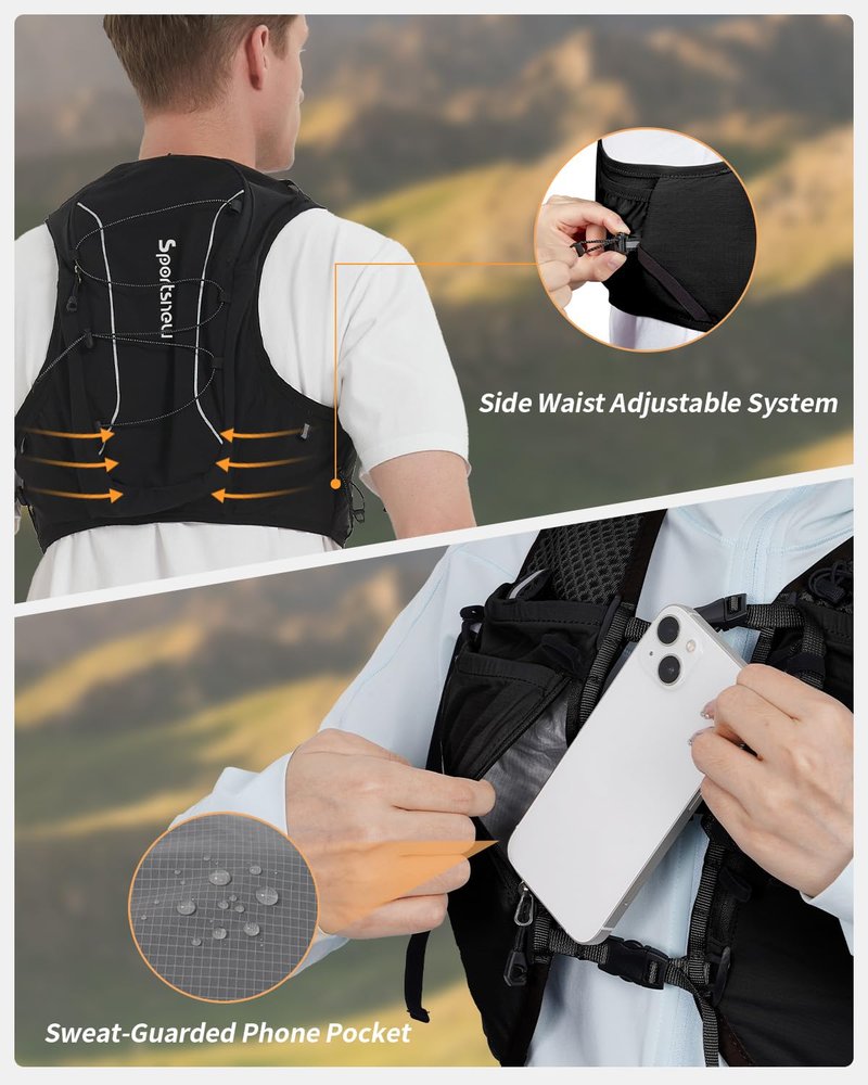 sportsnew Running Hydration Vest for Men Women, Breathable Hydration Backpack for Trail Running Cycling Hiking Marathon (Black with 2 x 500ML Soft Flask, S/M: Chest 28''-34'')