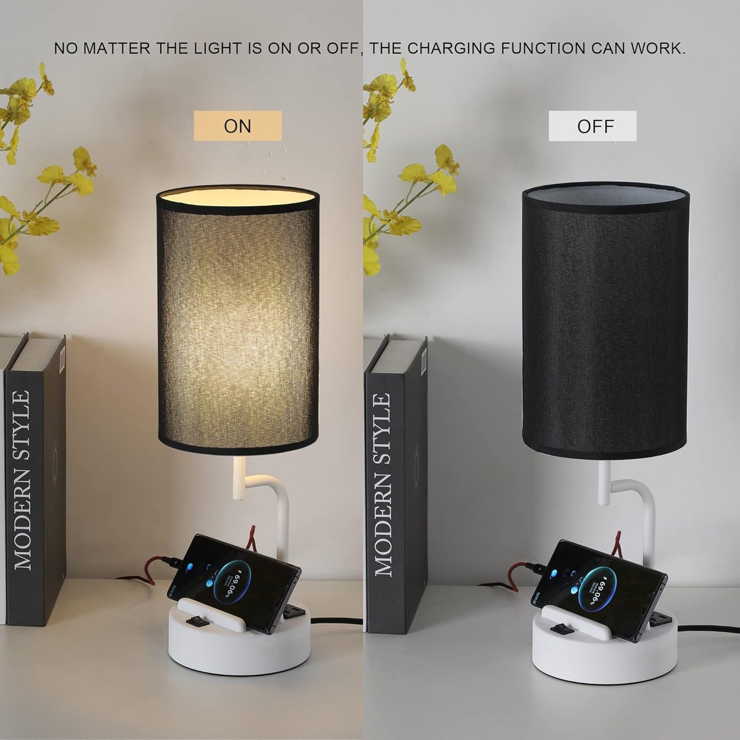 Modern Table Lamp with 3 USB Ports & AC Outlet - Set of 2 Bedside Desk Lamps in Silver