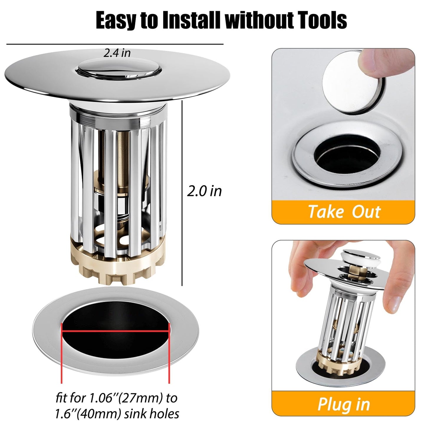 Anlige Bathroom Sink Drain Strainer, 3 in 1 Pop Up Bathroom Sink Stopper with Removable Brass Basket Hair Catcher, Universal Sink Plug for 1.06 to 1.6in Drain Hole, Chrome Silver