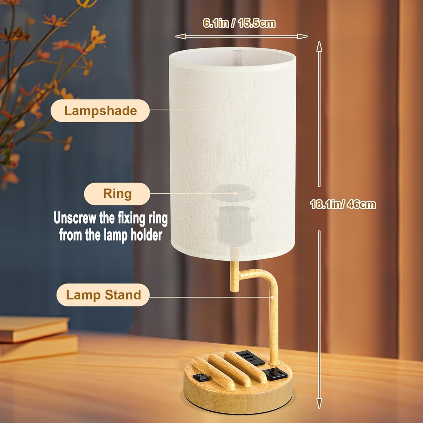 Modern Table Lamp with 3 USB Ports & AC Outlet - Set of 2 Bedside Desk Lamps in Silver