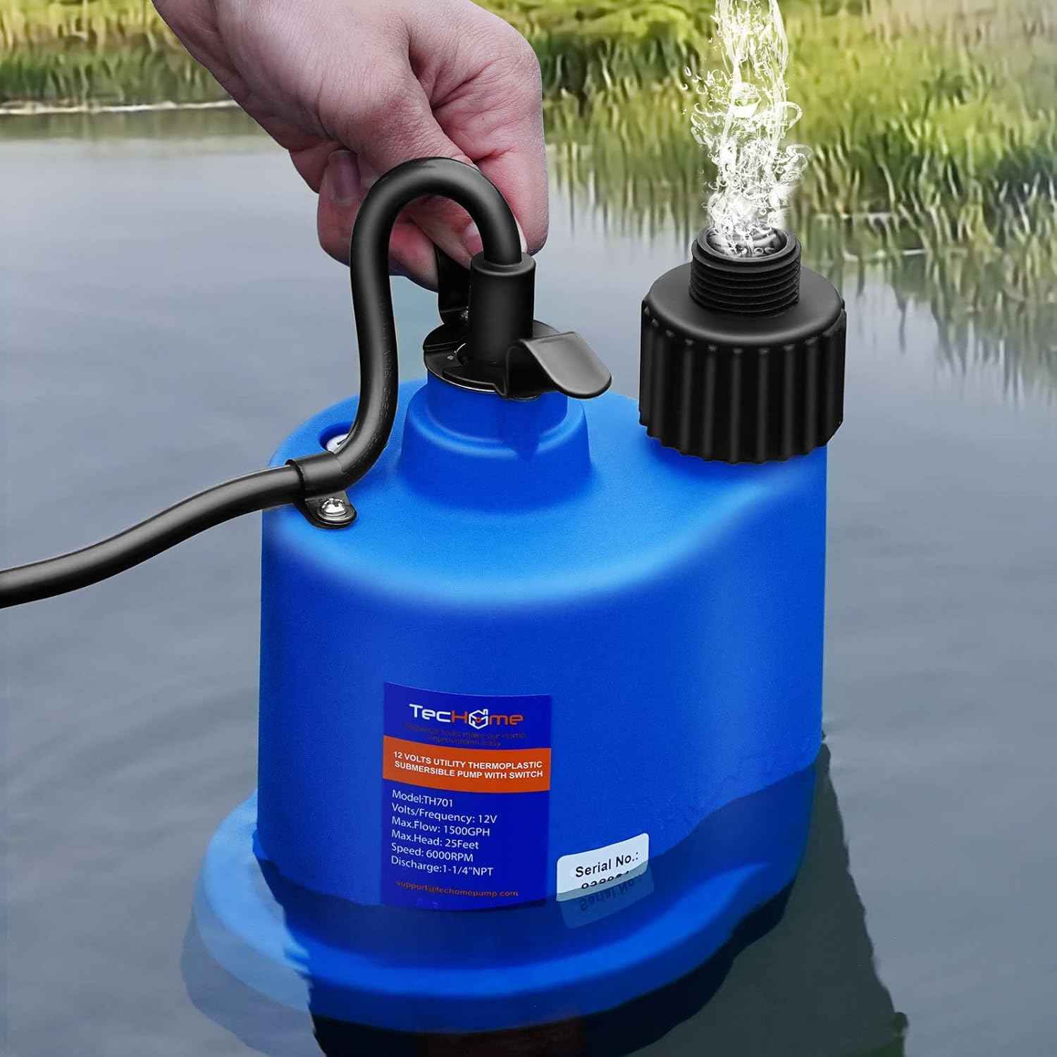 1500GPH Submersible Water Transfer Pump - 12V Sump Pump with 20ft Power Cord