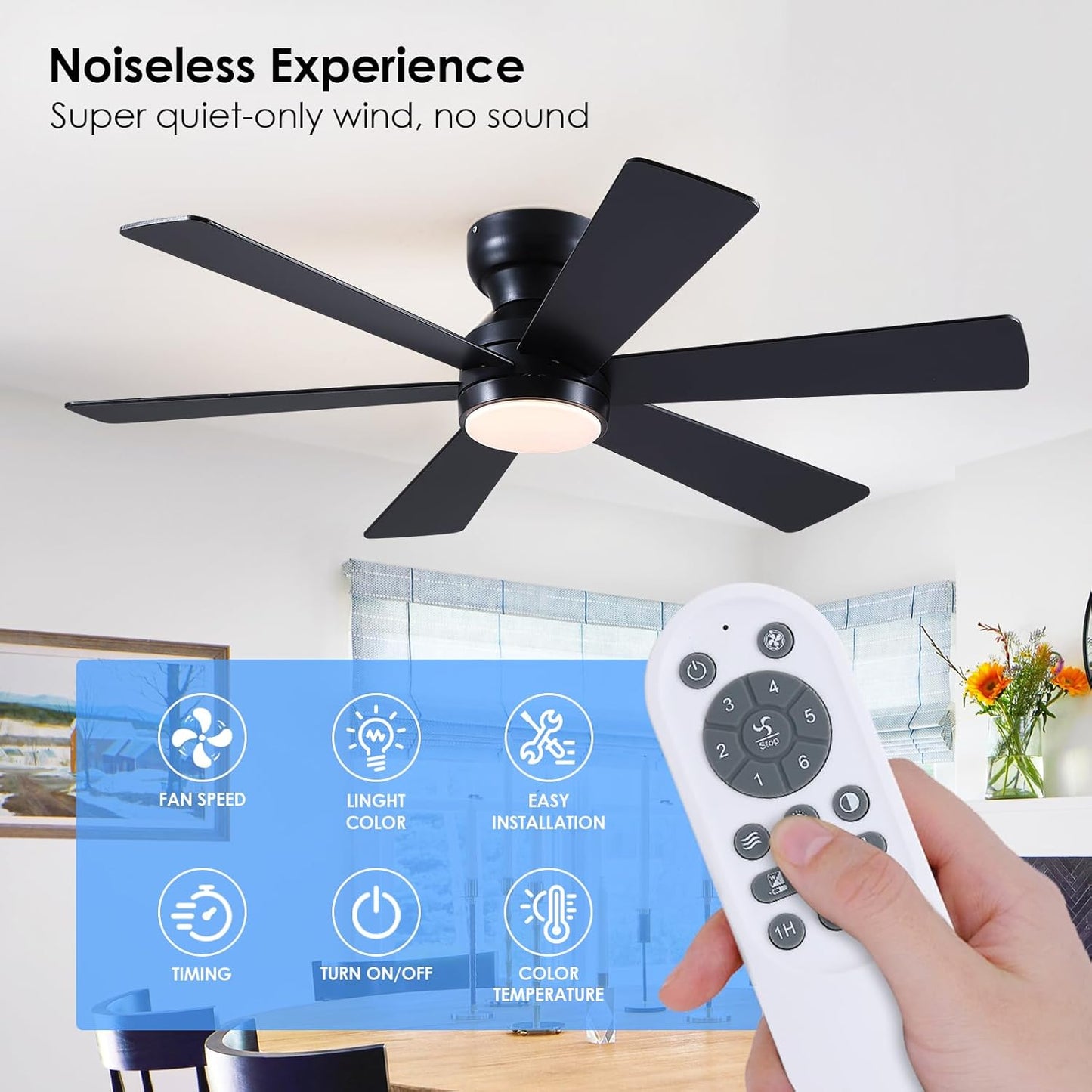46” Black Low Profile Ceiling Fan with Lights & Remote Control - Dimmable, Noiseless, Reversible for Bedroom