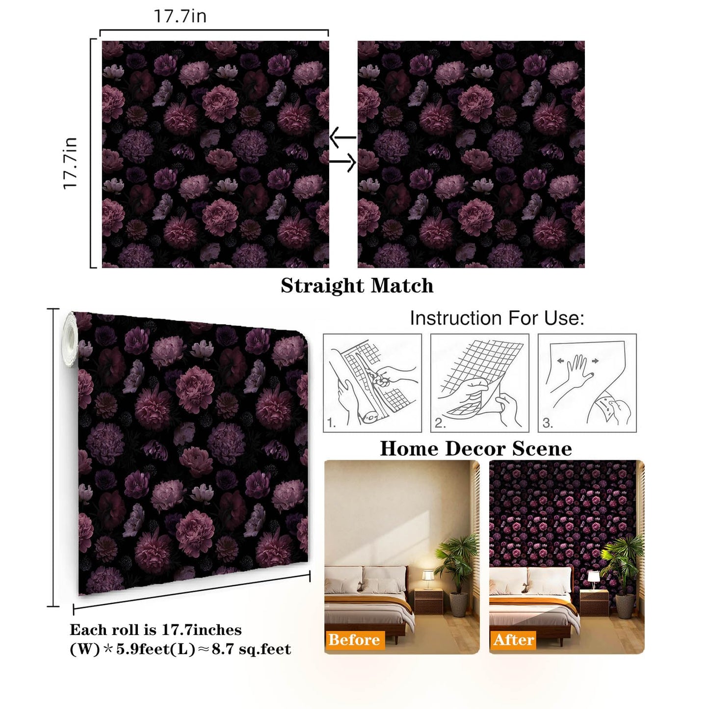 Akodm Dark Floral Peony Wallpaper Contact Paper for Cabinets and Drawers Renter Friendly Removable Gothic Waterproof Self Adhesive Botanical Vintage Thick Vinyl Bathroom Flower Walpaper 17.7"x 70.8"