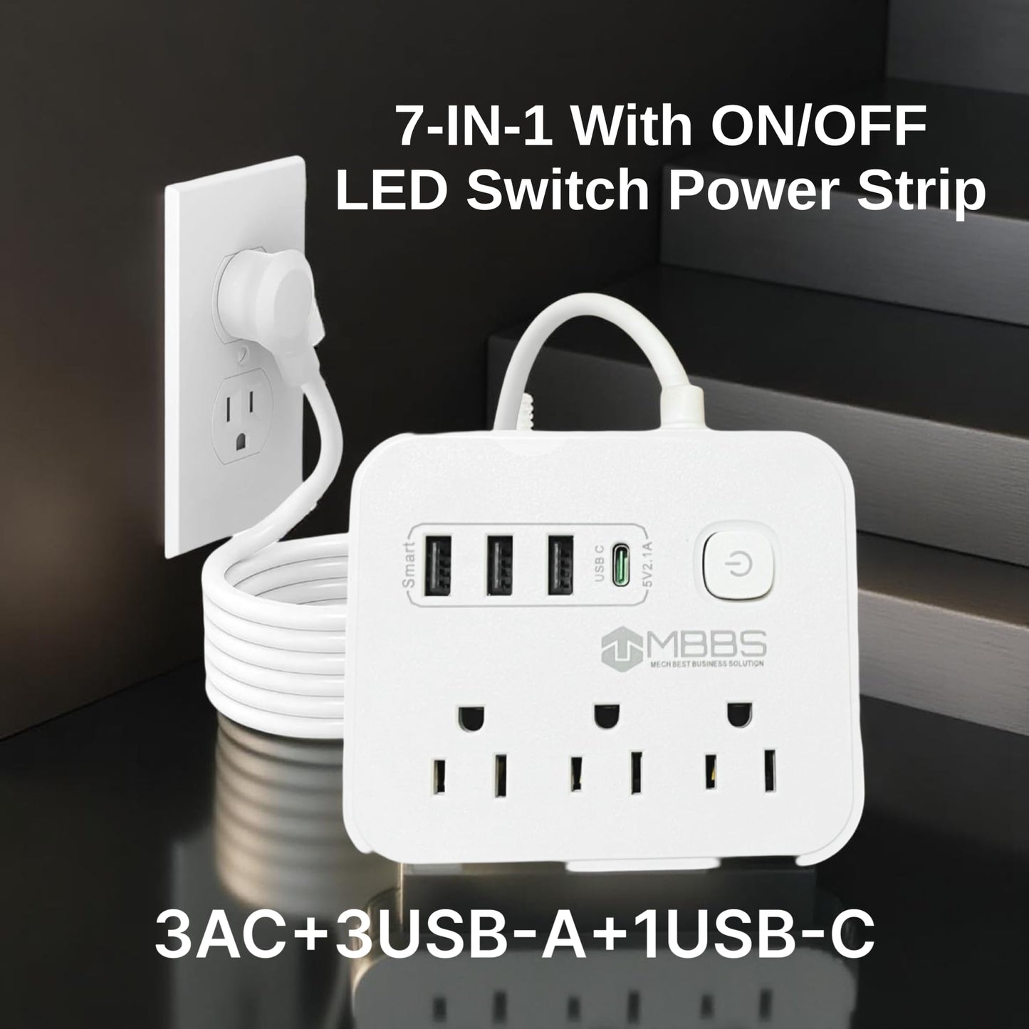 Surge Protector Power Strip with USB C, 1200J Protection, Heavy Duty Extension Cord – (7-in-1) 3 AC Outlets, 4 USB Ports, LED On/Off Switch – Compact & Travel Friendly – Home, Office. (5ft)