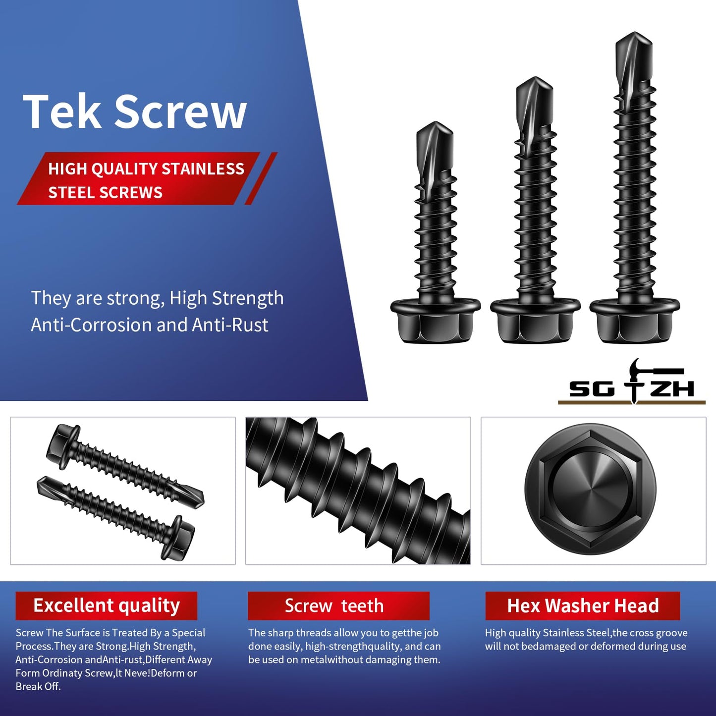 SG TZH (131Pcs)#8 x 1-1/2" Sheet Metal Screws 410 Black Stainless Steel Hex Washer Head Fast Self Tapping Screws Tek Screws with Hex Socket Included