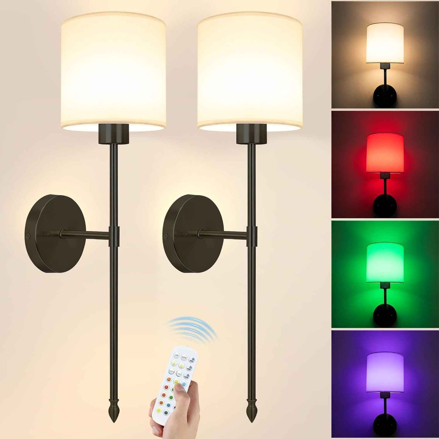 Rechargeable Gold Battery Operated Wall Sconces Set of 2 with Remote & RGB Bulbs