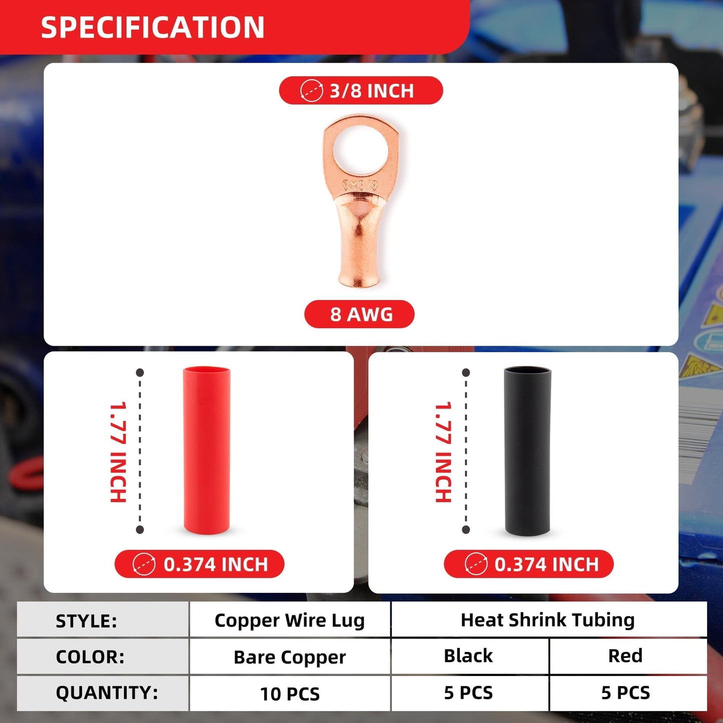 RED WOLF 10 Pack 8 Gauge x 3/8" Copper Wire Ring Terminals Connector Lug Battery Cable Ends Stud W/3:1 Heat Shrink Tubing Tube Black & Red Each 5 PCS for Electrical Vehicle Boat Marine