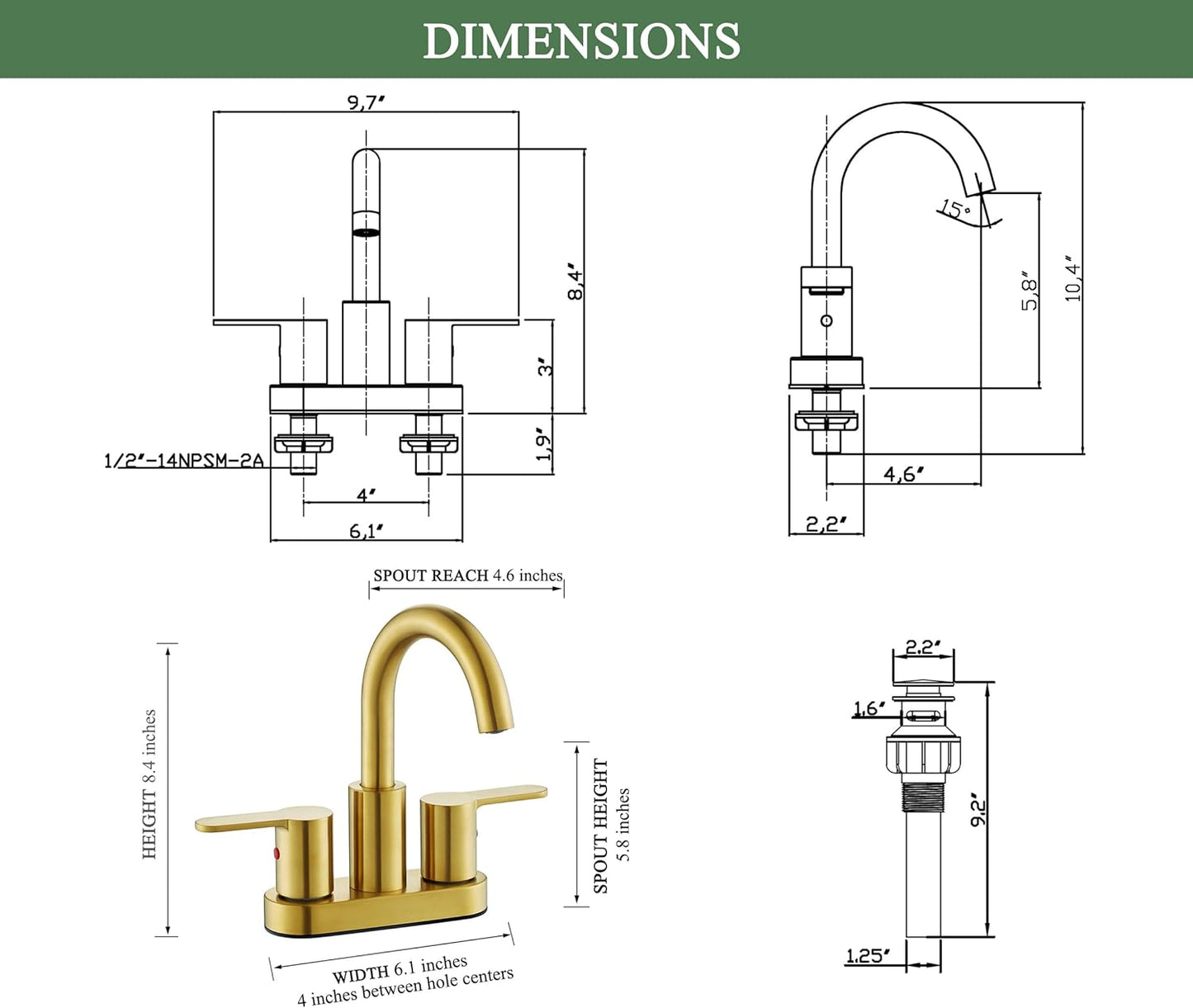 Brushed Gold Bathroom Sink Faucet - Modern 4-Inch Centerset with 360° Swivel Spout & Drain Assembly
