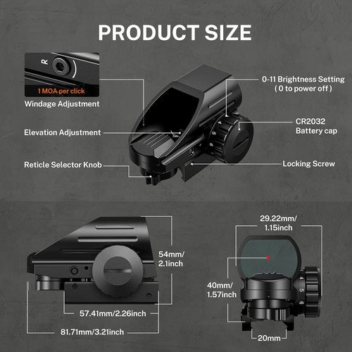 EZshoot Reflex Sight - 4 Reticles Red Dot Holographic Optic Scope with 20mm Rail Mount | Absolute Co-Witness