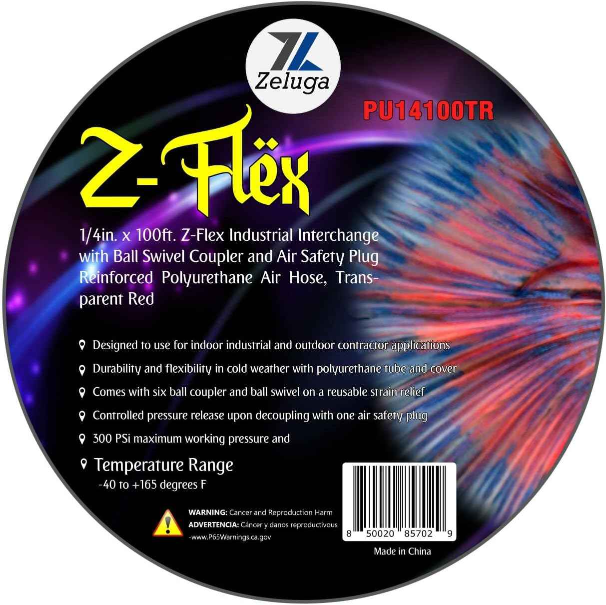 Z-Flex 1/4in. x 100ft. Reinforced Polyurethane Air Hose with Ball Coupler & Safety Plug - 300 PSI