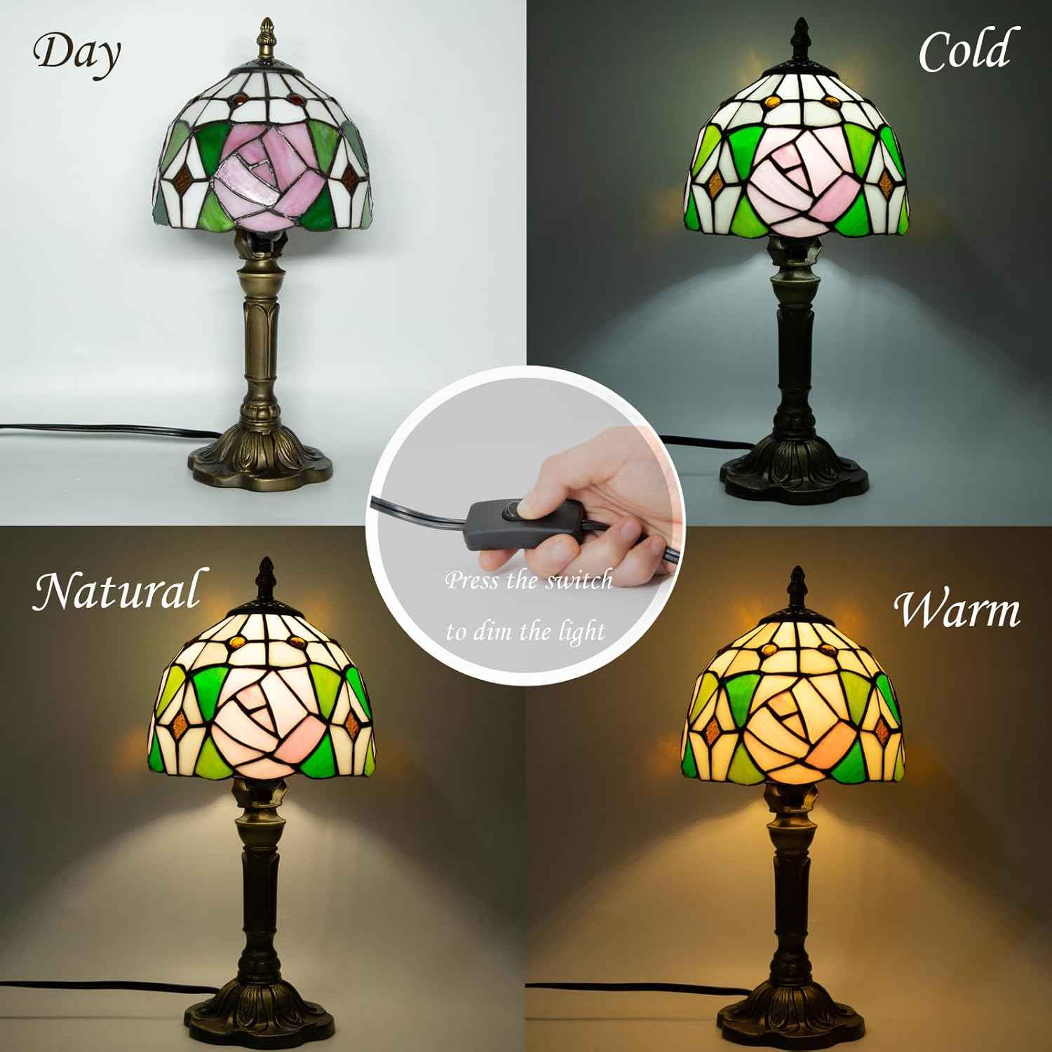 Tiffany Table Lamp - 8 Inch Antique Stained Glass, 3 Color Temperatures, Handcrafted for Bedroom & Living Room