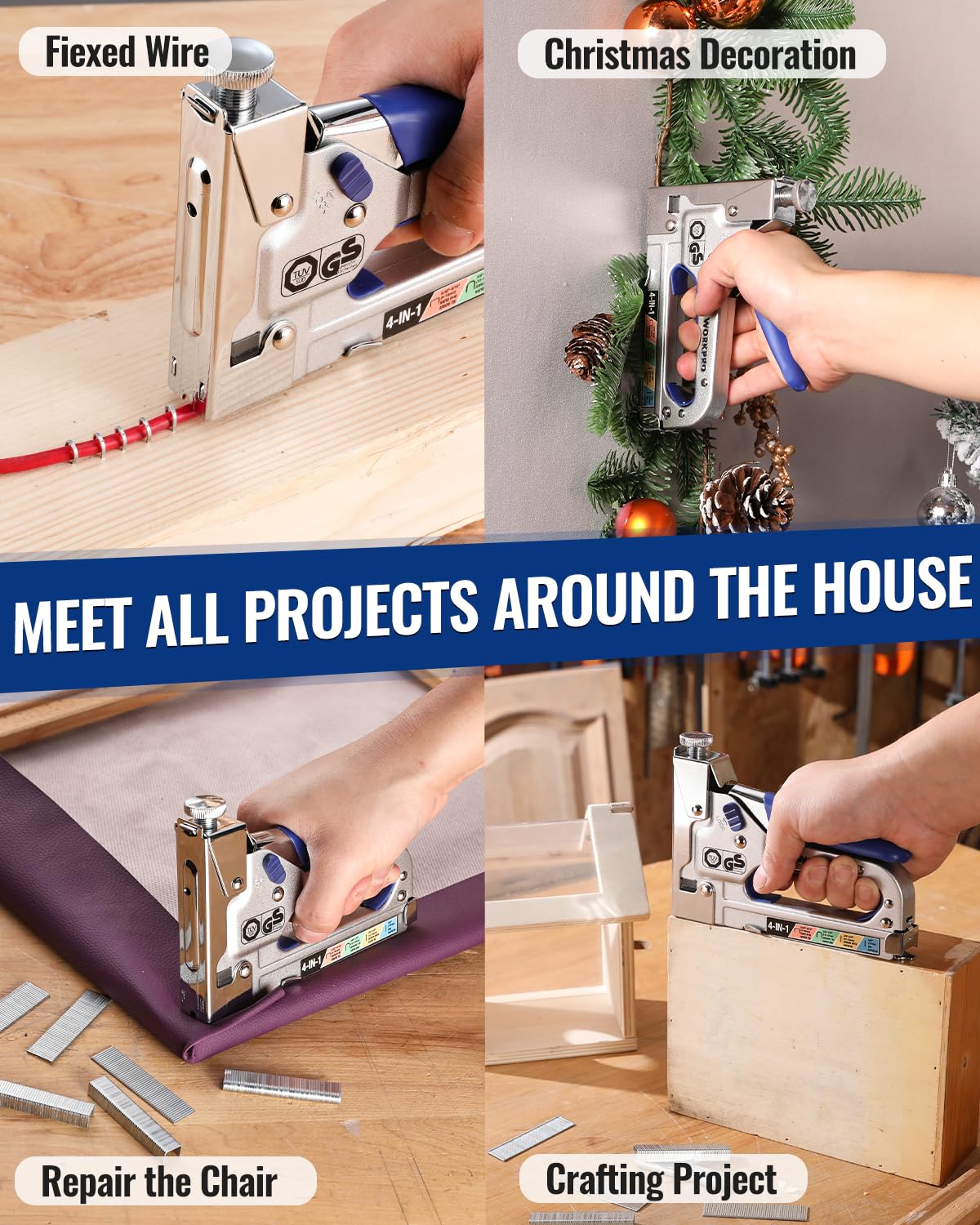 WORKPRO 4-in-1 Staple Gun, Manual Brad Nailer with 2000 Counts Staples, Upholstery Stapler Nail Gun for Fixing Material, Decoration, Carpentry, Furniture, Doors and Windows