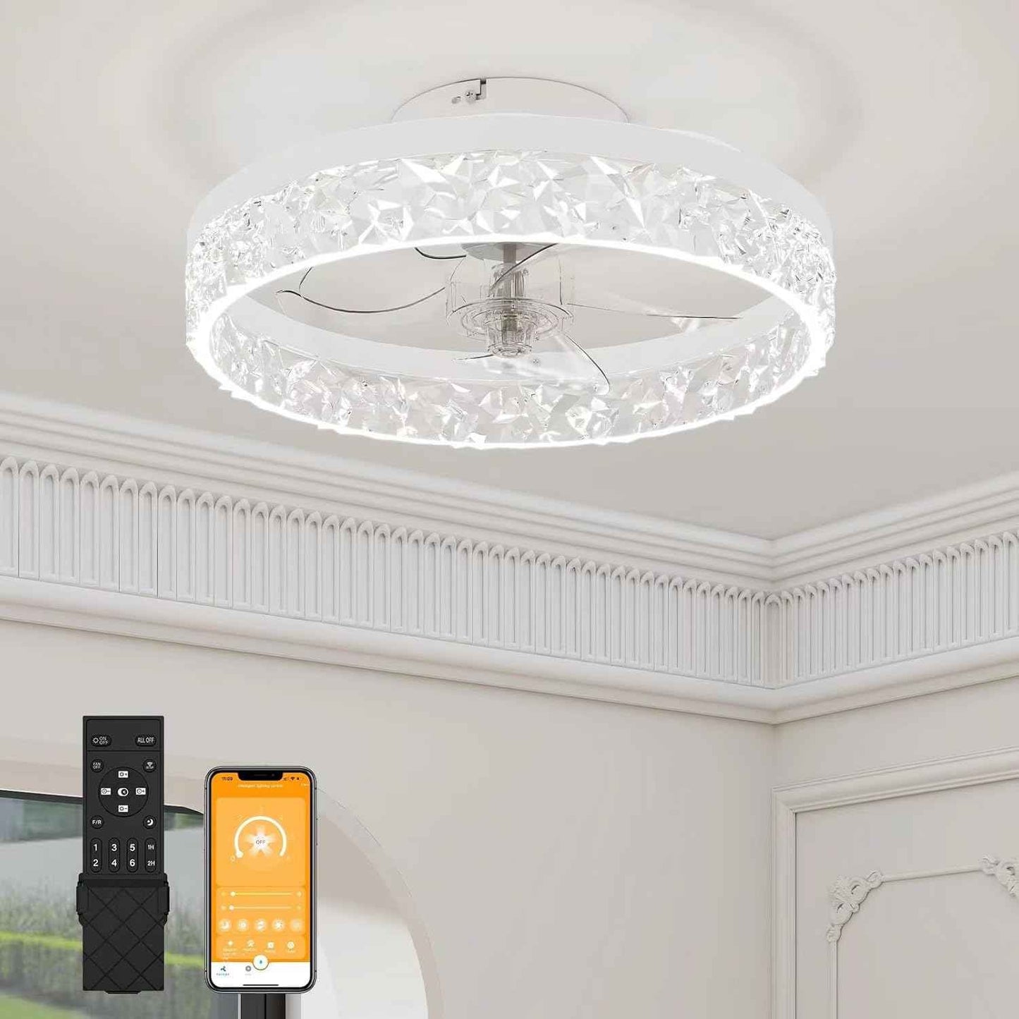 Modern Bladeless Ceiling Fan with Light & Remote - 15.7in Low Profile Fandelier, Dimmable 3000K-6500K for Bedroom