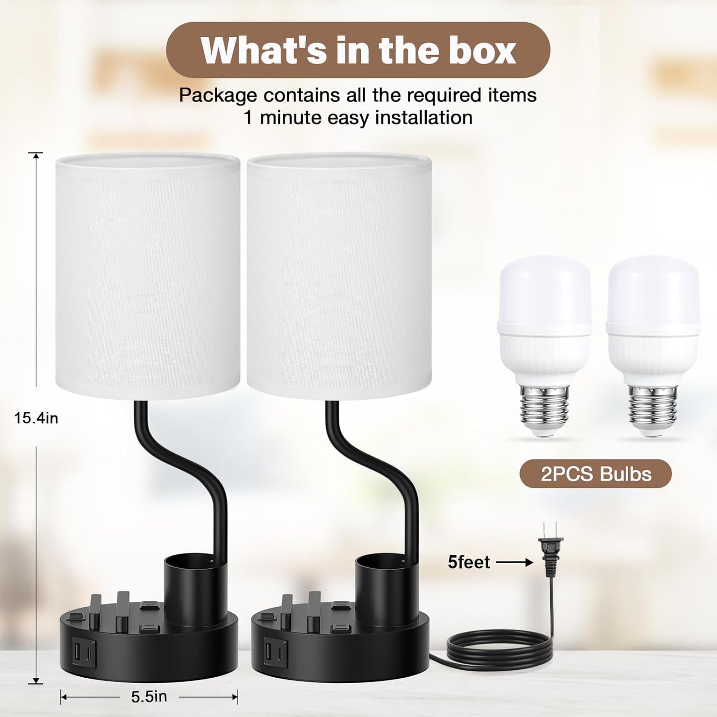 Set of 2 Bedside Table Lamps with USB & AC Outlet - 3 Color Temperatures, Desk Light & Phone Stand for Bedroom, Living Room, Office
