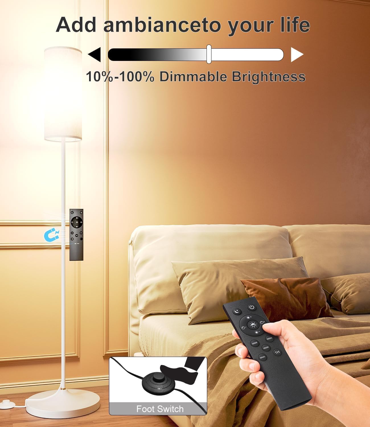 LED Floor Lamp with Remote & Dimmable Feature - Modern Gold Standing Lamp for Living Room & Bedroom