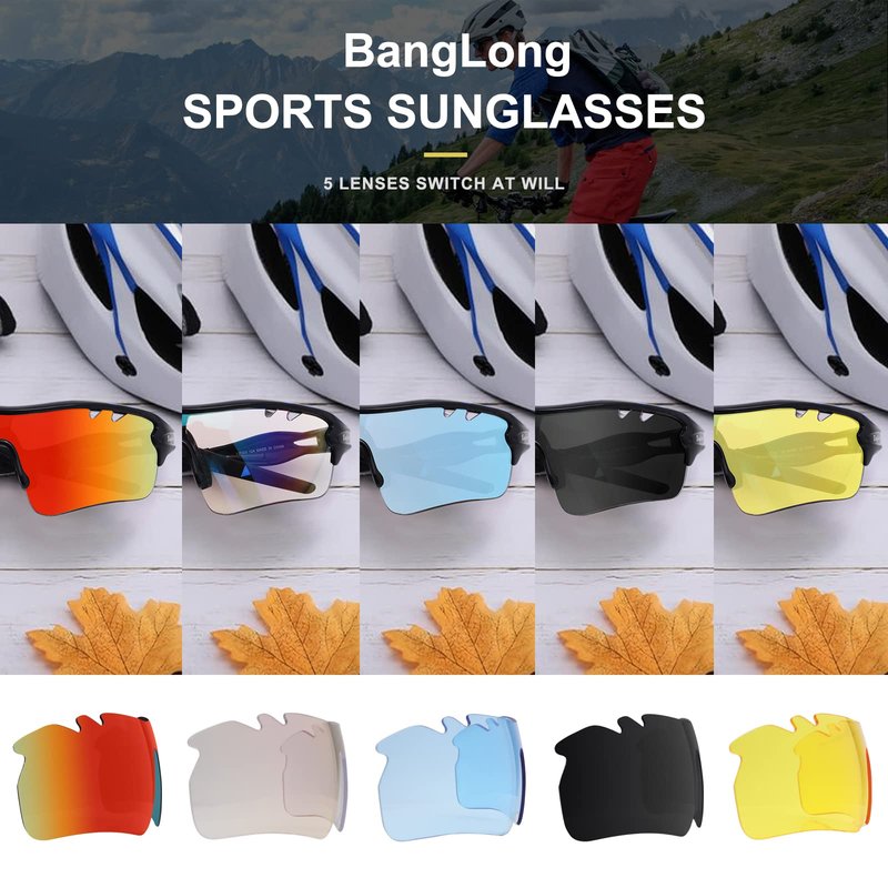 BangLong Polarized Sports Sunglasses Cycling Sun Glasses for Men Women with 5 Interchangeable Lenes for Running Baseball Golf