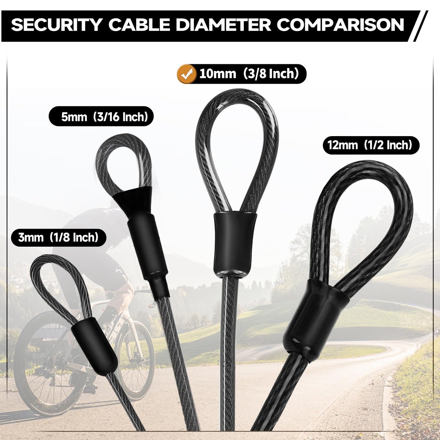 FEUOWEL Bike Lock Cable, 10mm Thick/4FT Long Heavy Duty Security Cable with Loops, Vinyl Coated Cut Resistant Anti-Theft Bike Cable Lock Security Chain Bike Steel Cable (4ft, 7ft, 15ft Available)