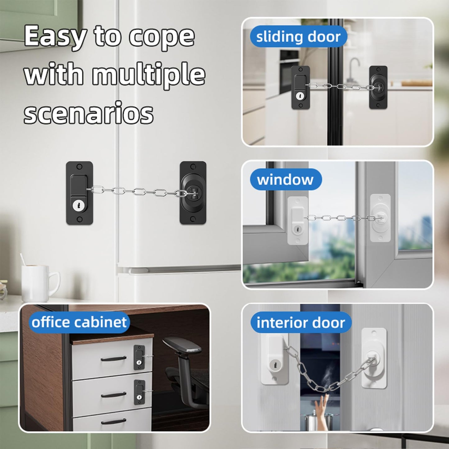 KIZZHISI Child Proof Door Lock (2 Pack), Door Locks for Kids safety & Cat Door Latch, for Fridge Lock, Cabinet Locks, Window Locks and Baby Proofing, Strong non-marking Adhesive No Drilling (Black)