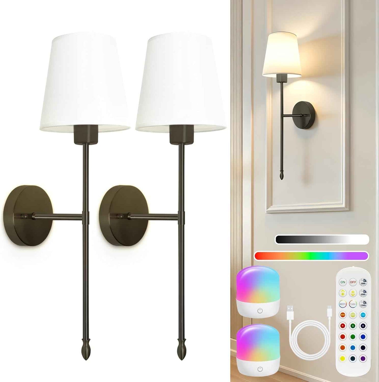 Rechargeable Gold Battery Operated Wall Sconces Set of 2 with Remote & RGB Bulbs