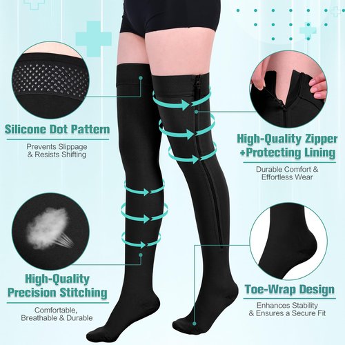 Wegitcs Easy On/Off Zipper Thigh High Compression Socks 20-30mmHg, Closed Toe Firm Support Stockings for Women Men, Ideal for Pregnancy, Nurses, Teachers, Pilots (1 or 2 Pairs)