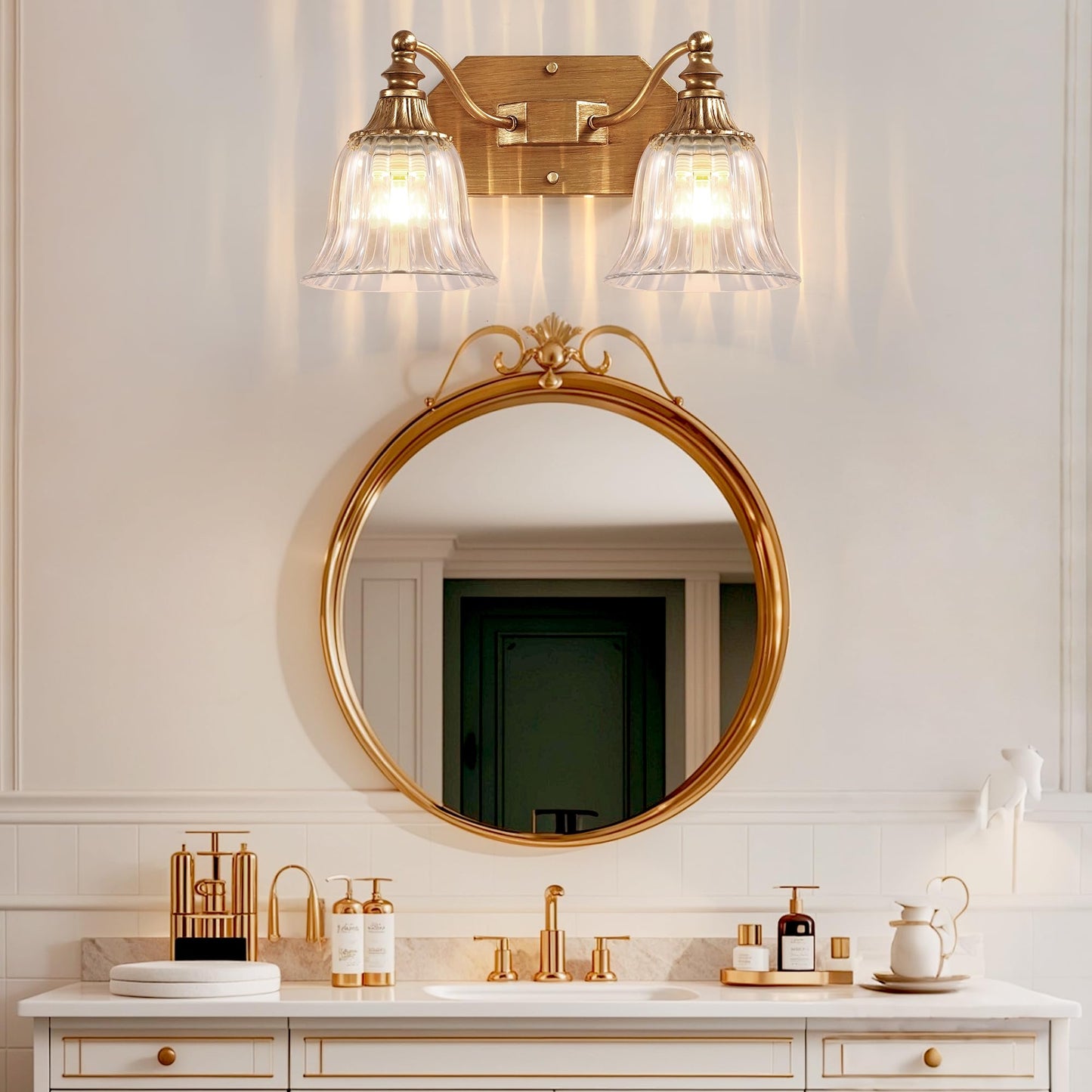 DvmTeom Gold Vintage Bathroom Light Fixtures, 2-Lights Bathroom Vanity Light, Antique Brushed Gold Lighting Fixtures Over Mirror with Crystal Glass Shade, Wall Sconce Lighting