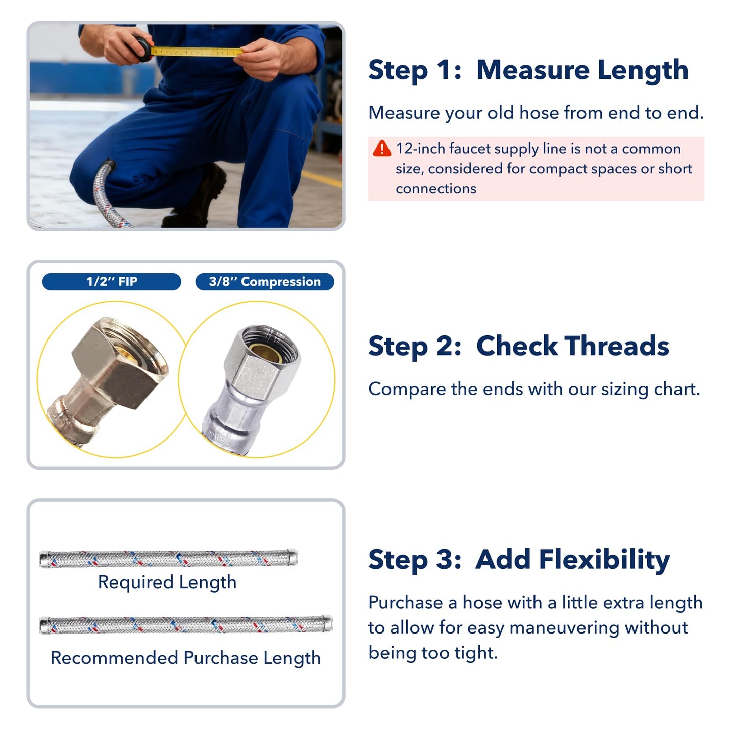 PLUMBINGMASTER 12" Faucet Hose Connector, 3/8" Comp x 1/2" FIP Braided Stainless Steel Faucet Water Supply Lines for Bathroom Kitchen Sink Faucet 2Pcs