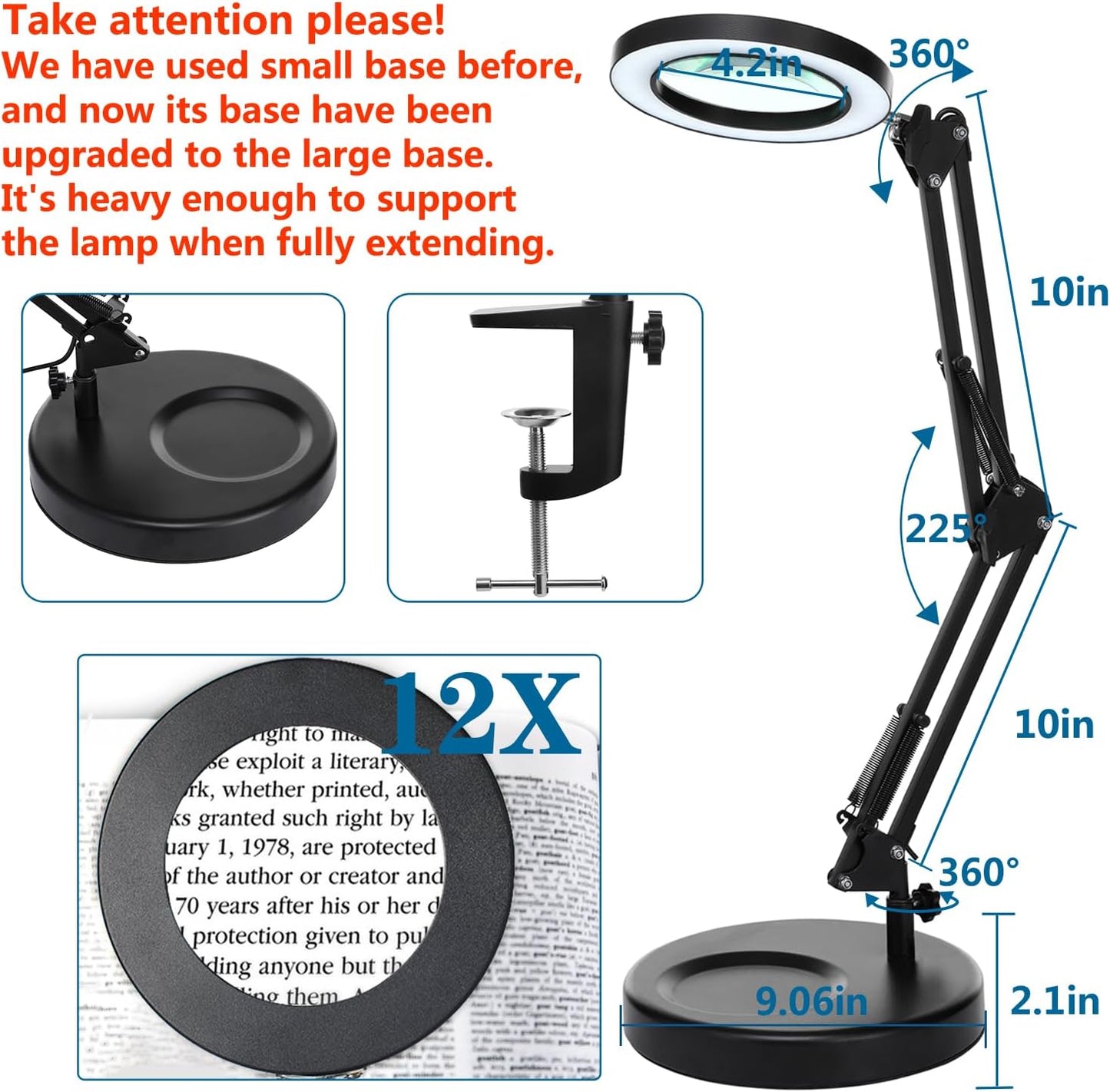 12X LED Magnifying Glass with Light & Clamp - Hands-Free Desk Lamp for Crafting & Reading