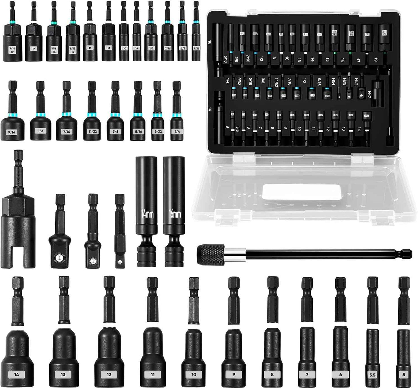 38-Piece Magnetic Nut Driver Set - Impact Socket Adapters & Extensions, Wing Nut & Spark Plug Drivers, Universal Hex Adapter - Stainless Steel
