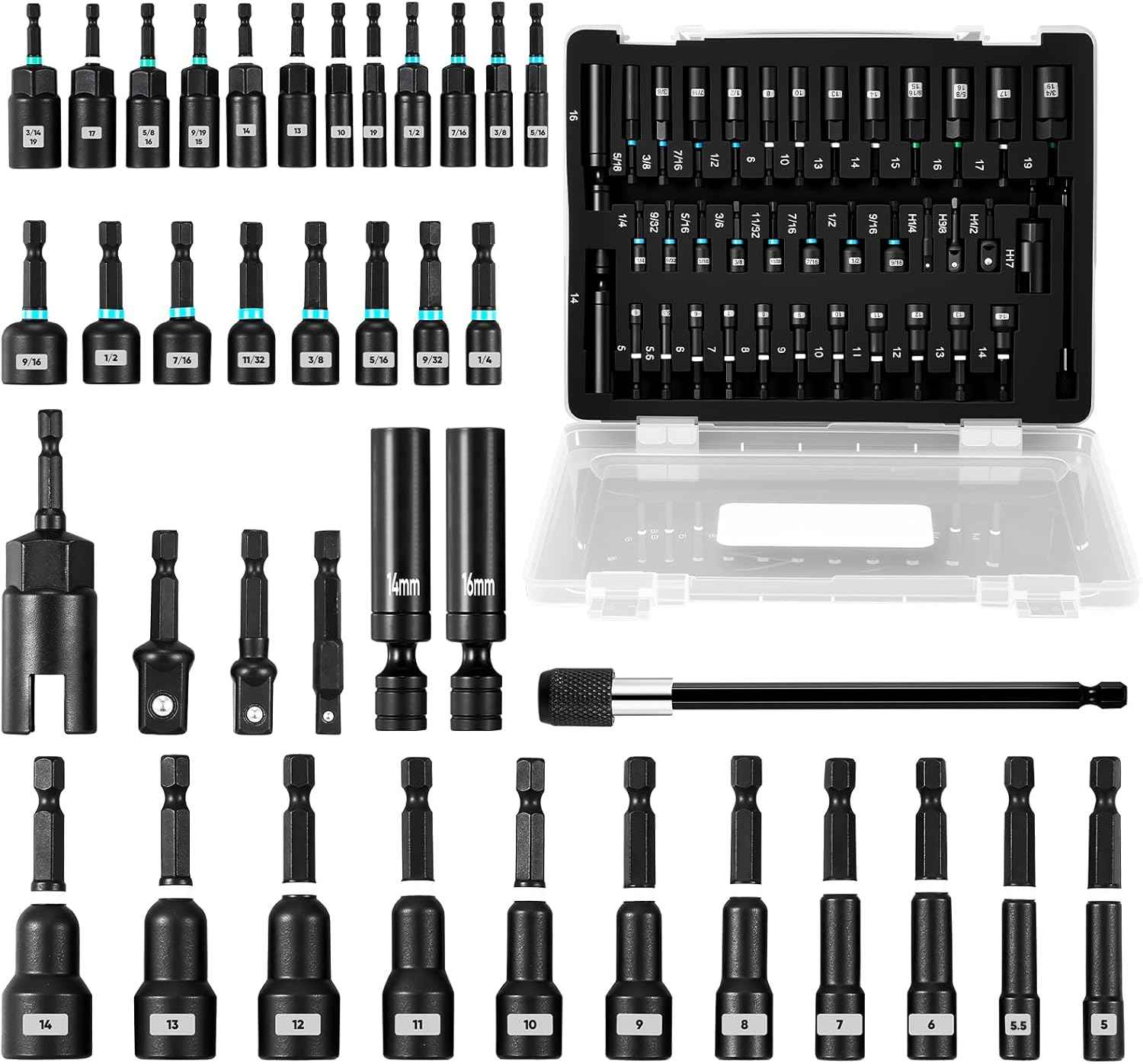 38-Piece Magnetic Nut Driver Set - Impact Socket Adapters & Extensions, Wing Nut & Spark Plug Drivers, Universal Hex Adapter - Stainless Steel