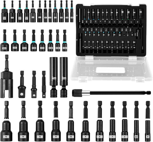 38-Piece Magnetic Nut Driver Set - Impact Socket Adapters & Extensions, Wing Nut & Spark Plug Drivers, Universal Hex Adapter - Stainless Steel