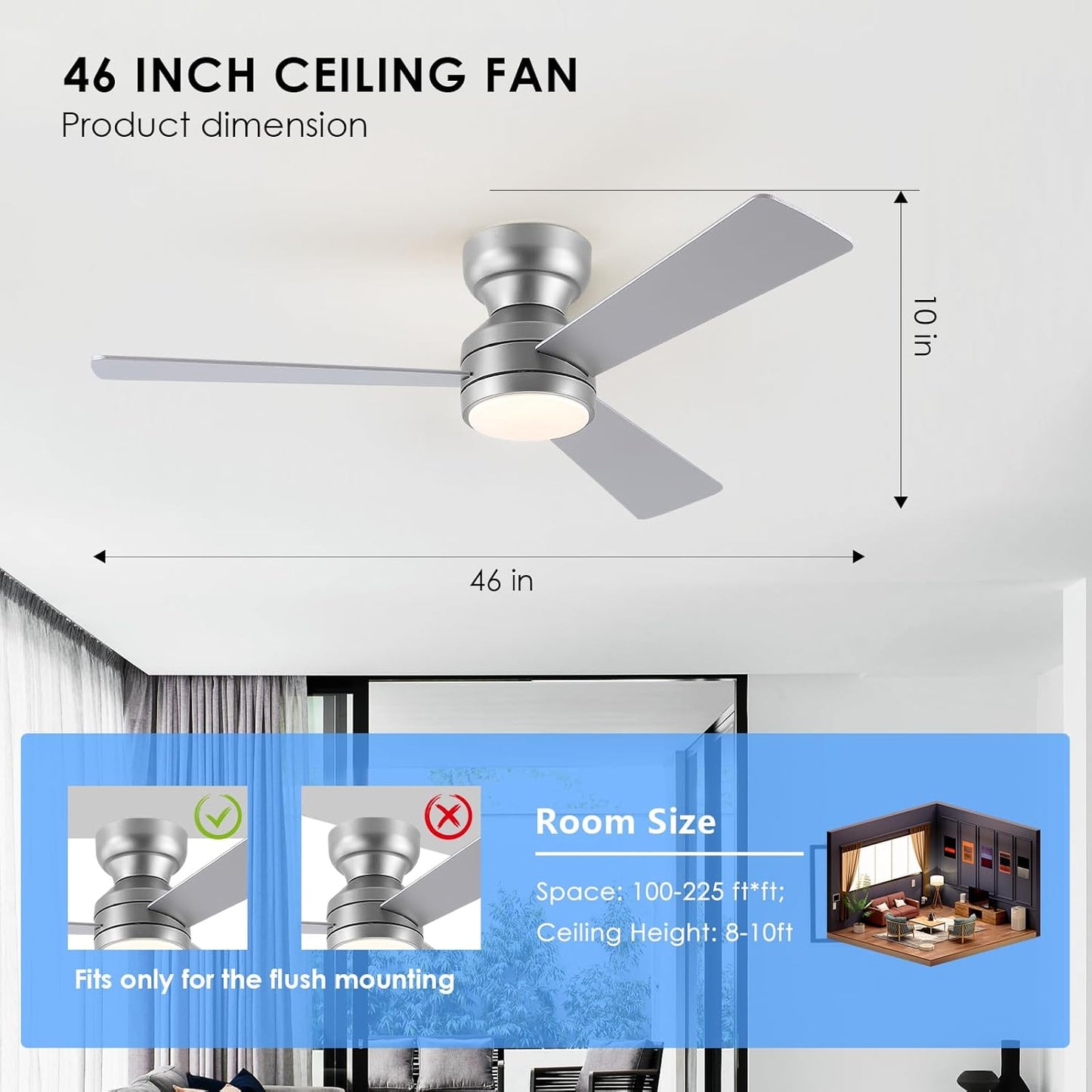 46” Black Low Profile Ceiling Fan with Lights & Remote Control - Dimmable, Noiseless, Reversible for Bedroom