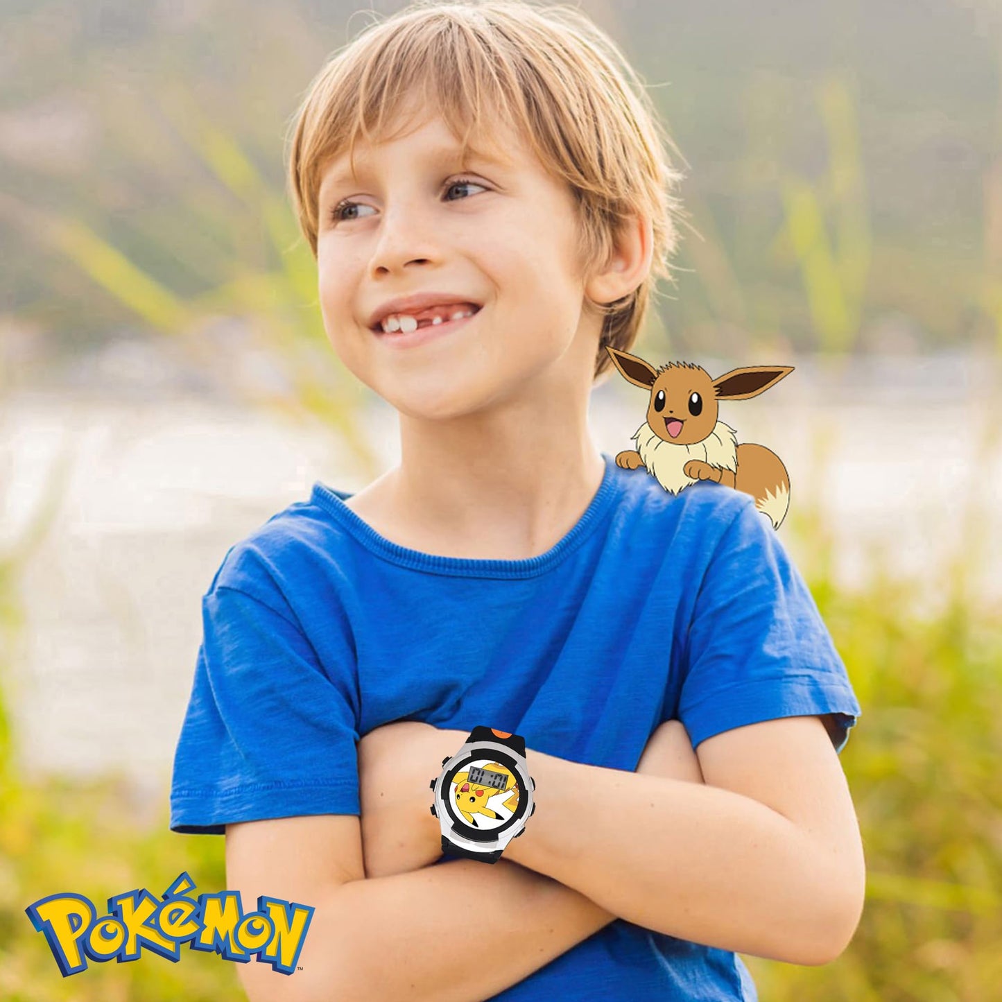 Pokémon Light-Up Watch for Kids – Pikachu & Friends Themed, Digital LCD Display, Flashing Dial, Printed Strap Design, Metallic Case, Adjustable Band with Metal Buckle
