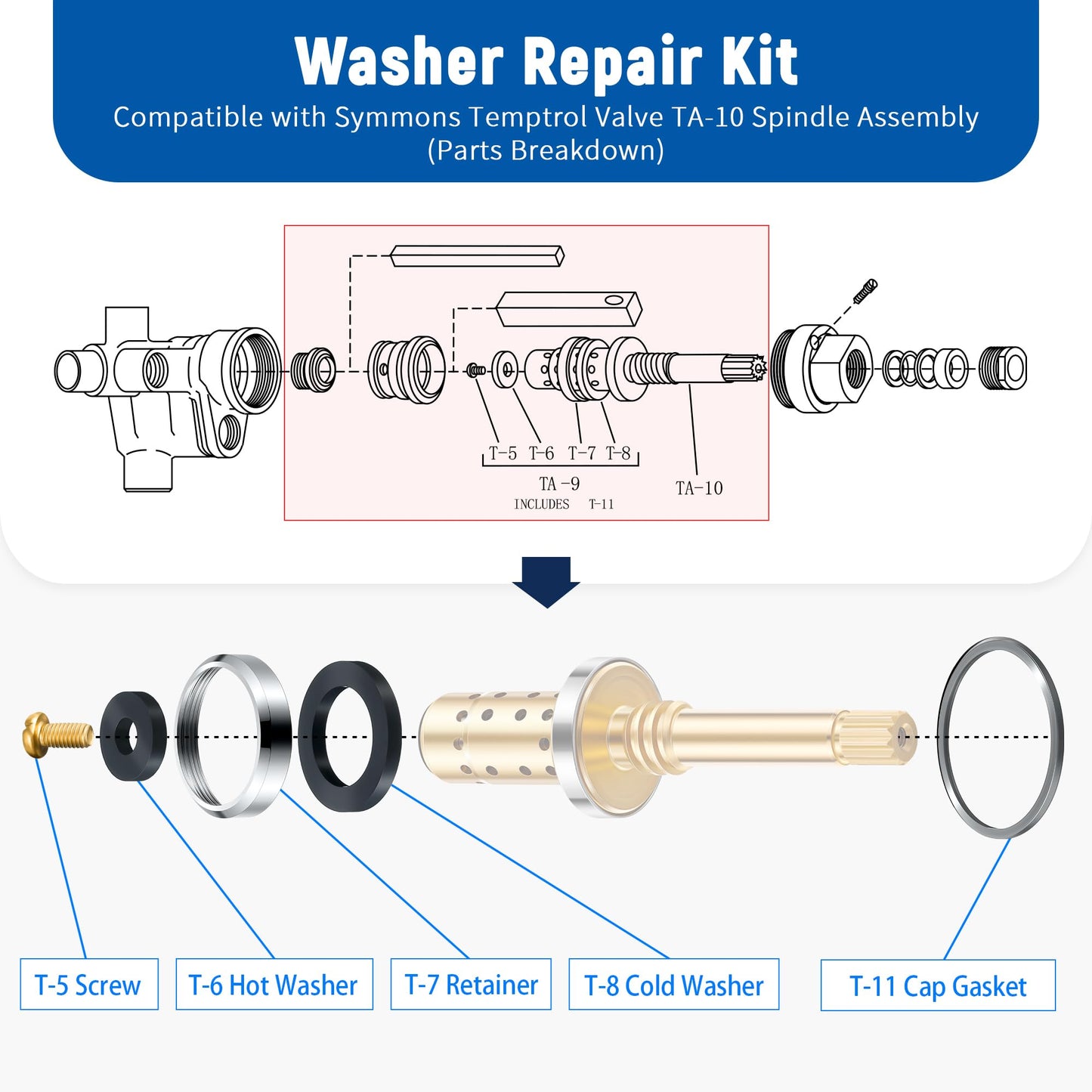 Enhon 2 Pack Washer Repair Kit Replacement for TA-9, Compatible with Symmons Temptrol Valve TA-10 Spindle Assembly, T-8 Cold Washer, T-7 Retainer, T-6 Hot Washer, T-5 Screw and T-11 Cap Gasket