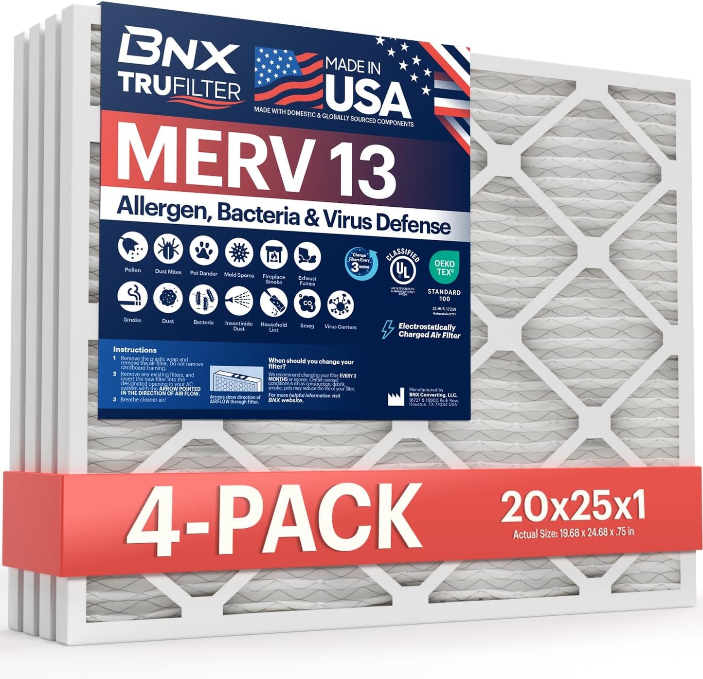BNX TruFilter 12x12x1 MERV 8 Air Filters (6-Pack) - USA-Made Dust & Pet Defense for HVAC