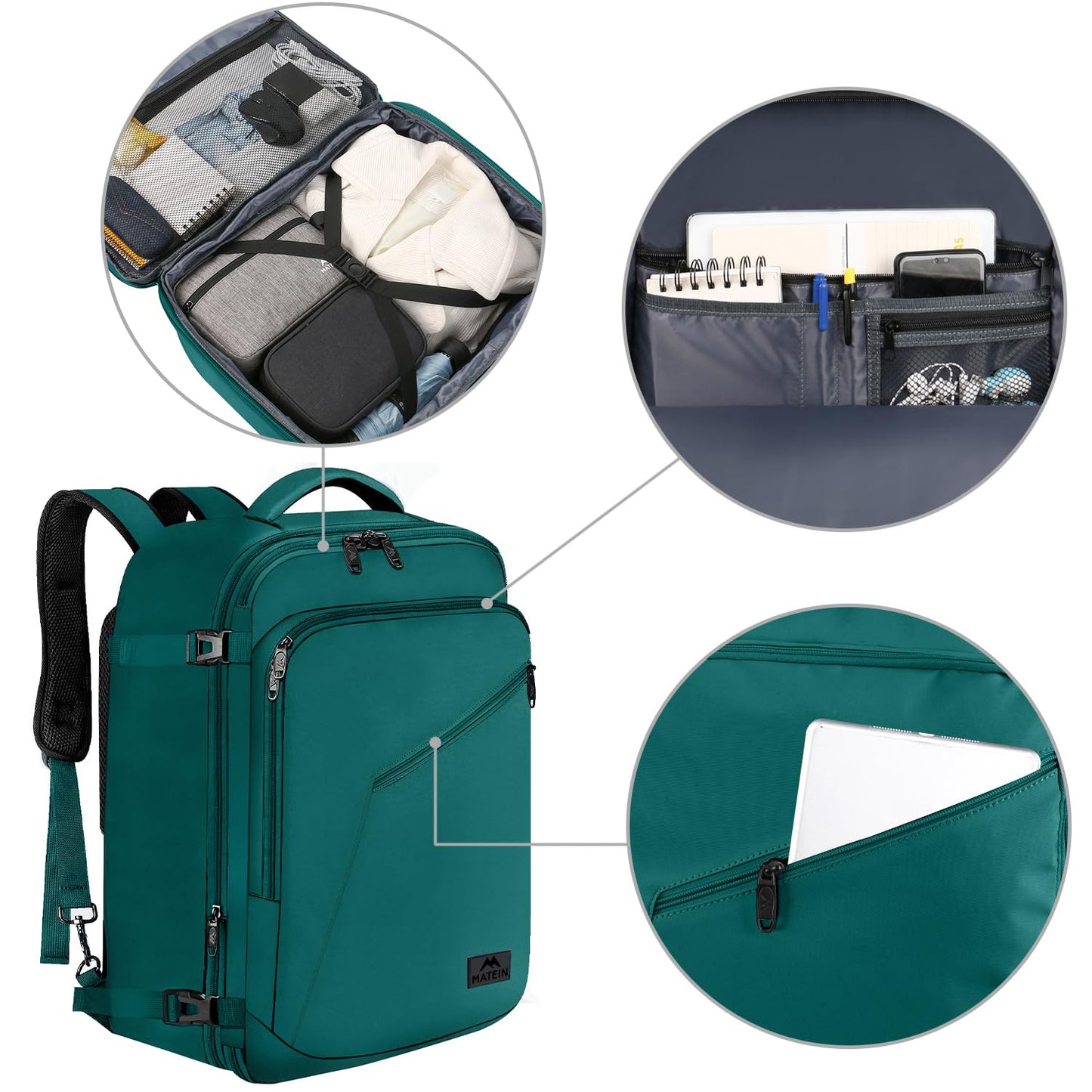 MATEIN Travel Backpack for Men Women, Carry on Backpack for Airplanes, Simple Daypack with Trolley Sleeve, Gifts for International Travelers, 35L, Peacock Blue