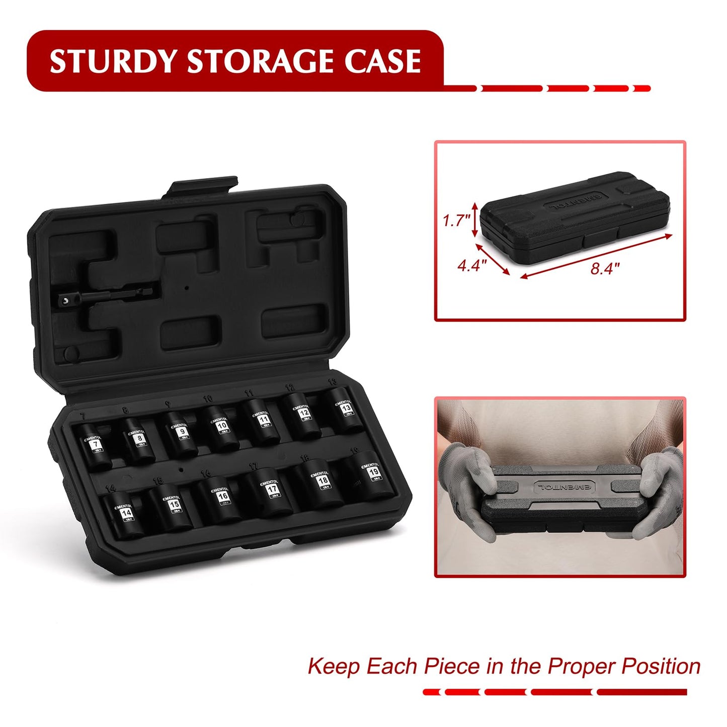 EMENTOL 14PCS 3/8"Dr. Standard Impact Socket Set, Metric, 12-Point, CR-V, 14 Pieces 3/8-Inch Drive Shallow Socket Set, 7mm - 19mm