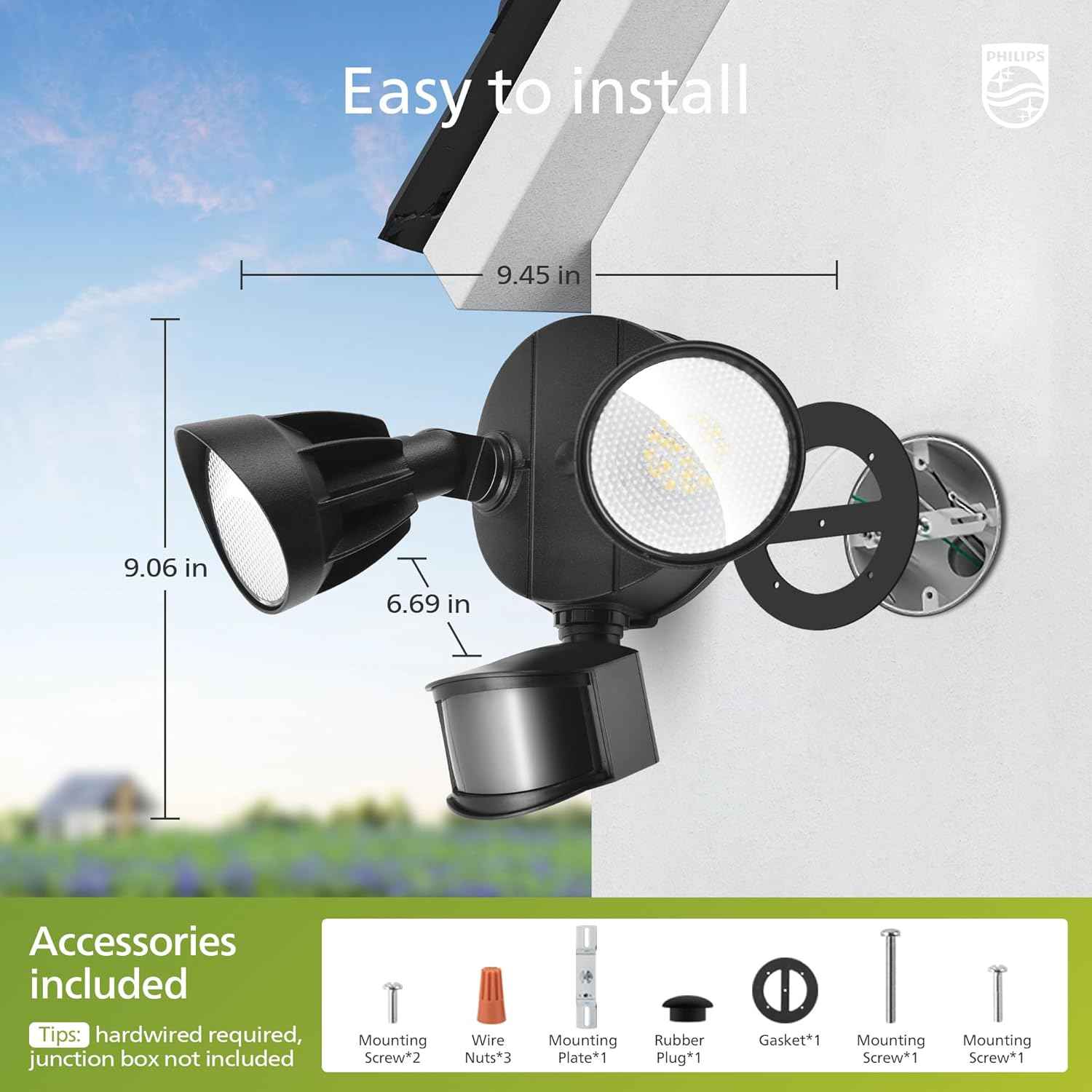 Philips 44W LED Outdoor Security Light with PIR Motion Sensor - 4200 lm, 5000K, Waterproof, Dusk to Dawn, Dual Heads