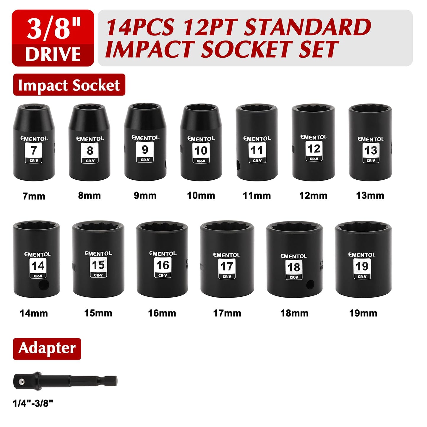 EMENTOL 14PCS 3/8"Dr. Standard Impact Socket Set, Metric, 12-Point, CR-V, 14 Pieces 3/8-Inch Drive Shallow Socket Set, 7mm - 19mm