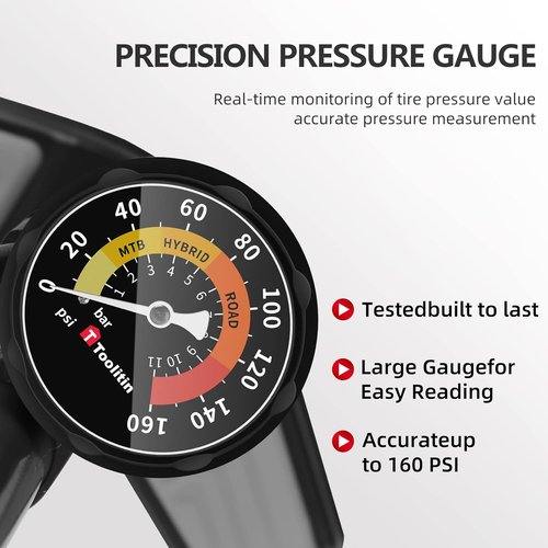 **TOOLITIN High-Pressure Bike Pump with Gauge - 160 PSI | Compatible with Presta & Schrader Valves**