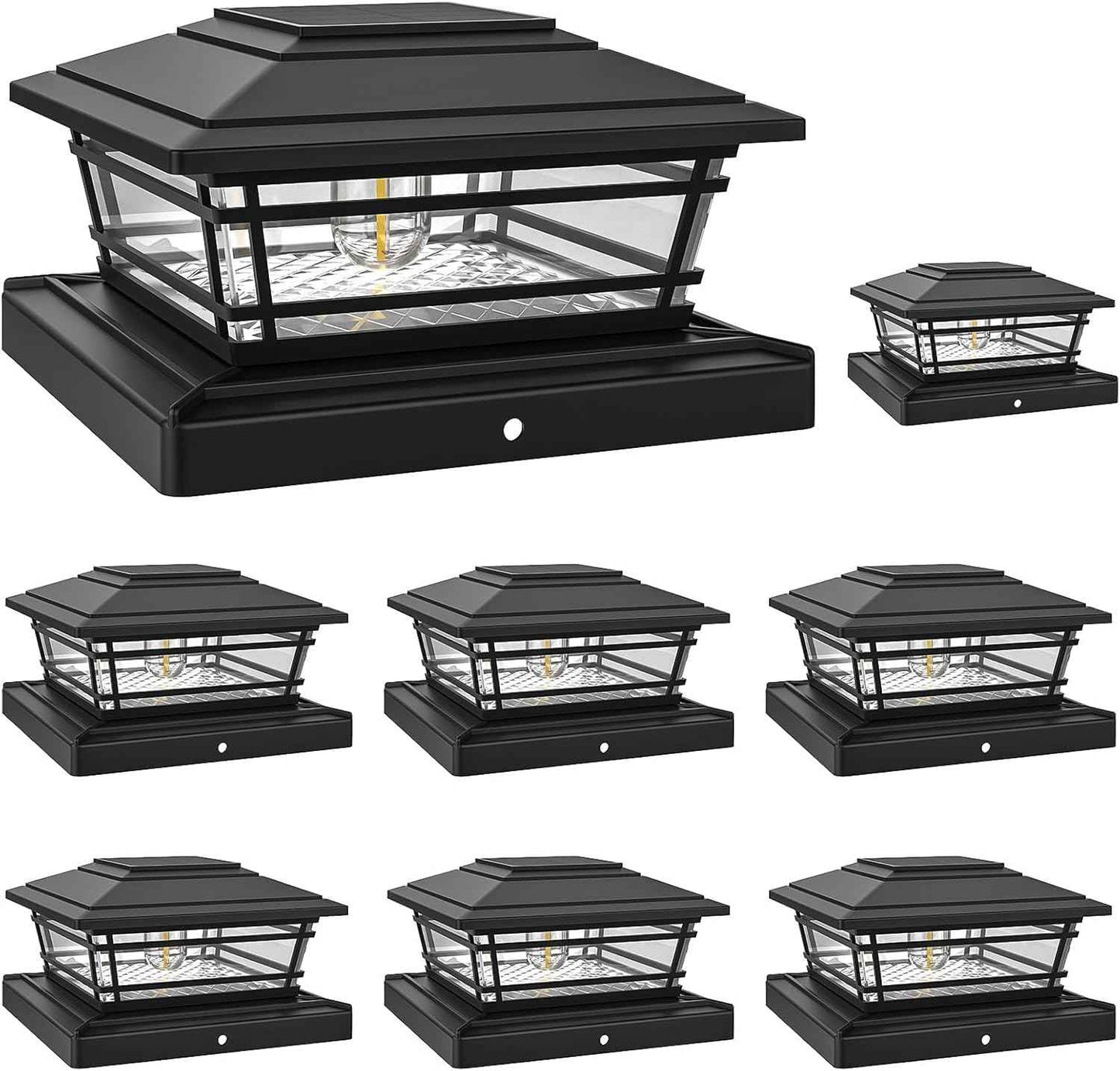 Solar Post Cap Lights 8-Pack - Adjustable Brightness Warm White, IP64 Waterproof, Vintage Edison Bulbs for 4x4, 5x5, 6x6 Fence & Deck Posts - Black