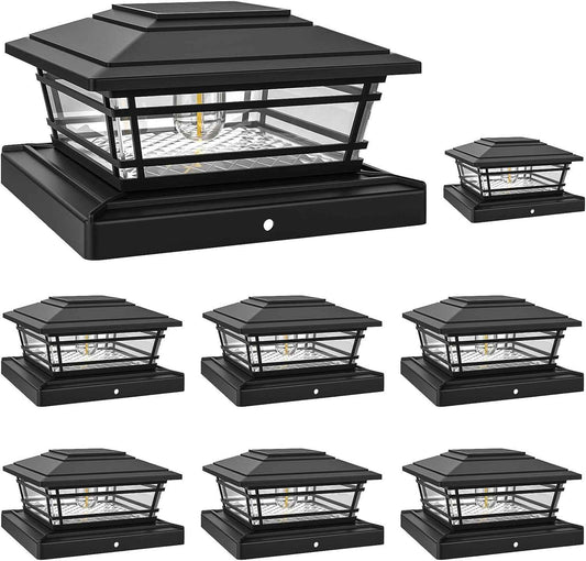Solar Post Cap Lights 8-Pack - Adjustable Brightness Warm White, IP64 Waterproof, Vintage Edison Bulbs for 4x4, 5x5, 6x6 Fence & Deck Posts - Black